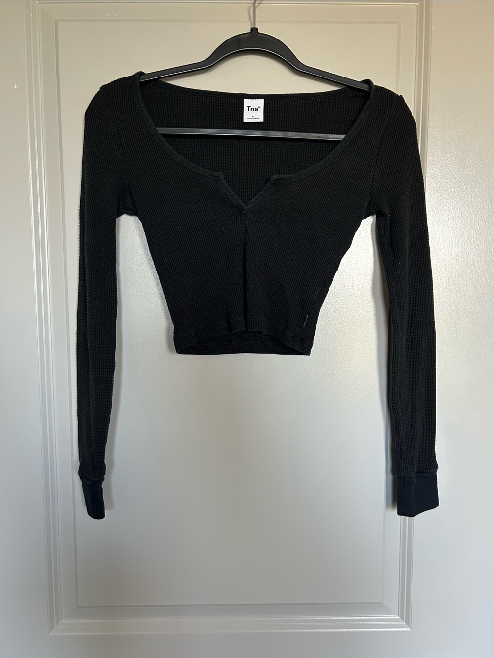TNA Black Cropped Waffle-Knit Long Sleeve Crop Top